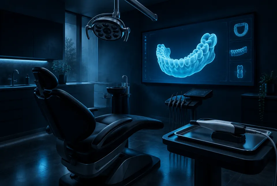 Consultório com cadeira preta e tela mostrando o escaneamento 3D